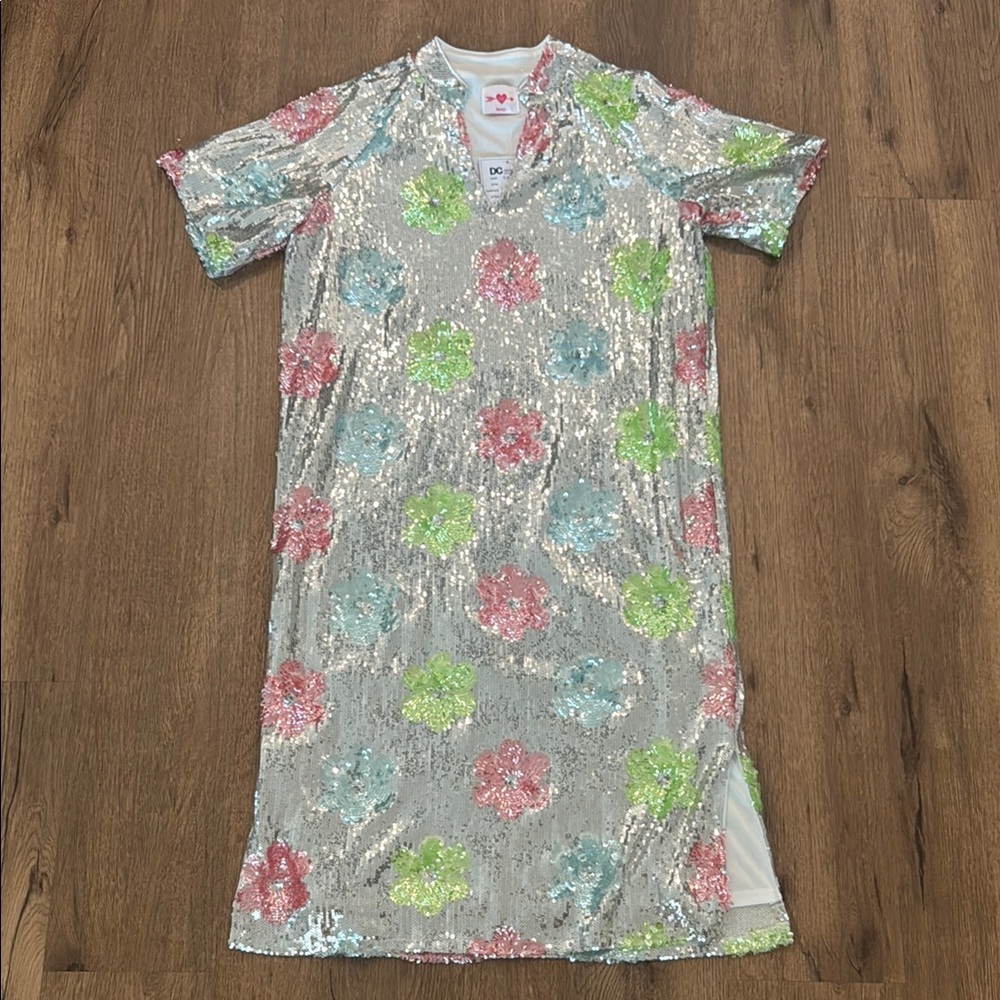 Buddy Love Silver Sequin Midi Dress with Pink Blue and Lime Floral Sequins